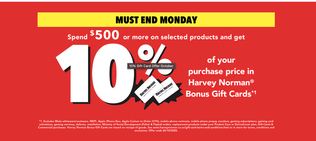 Labour Weekend: Spend $500+ and Get 10% Back in Harvey Norman Bonus Gift Cards